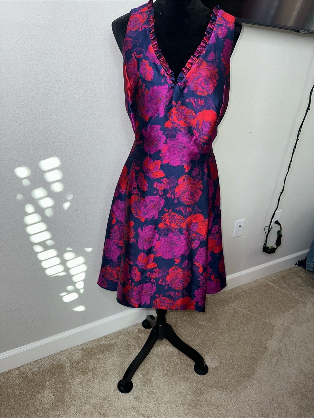 Adrianna Papell Navy Midi Dress with Purple & Red Floral Jacquard